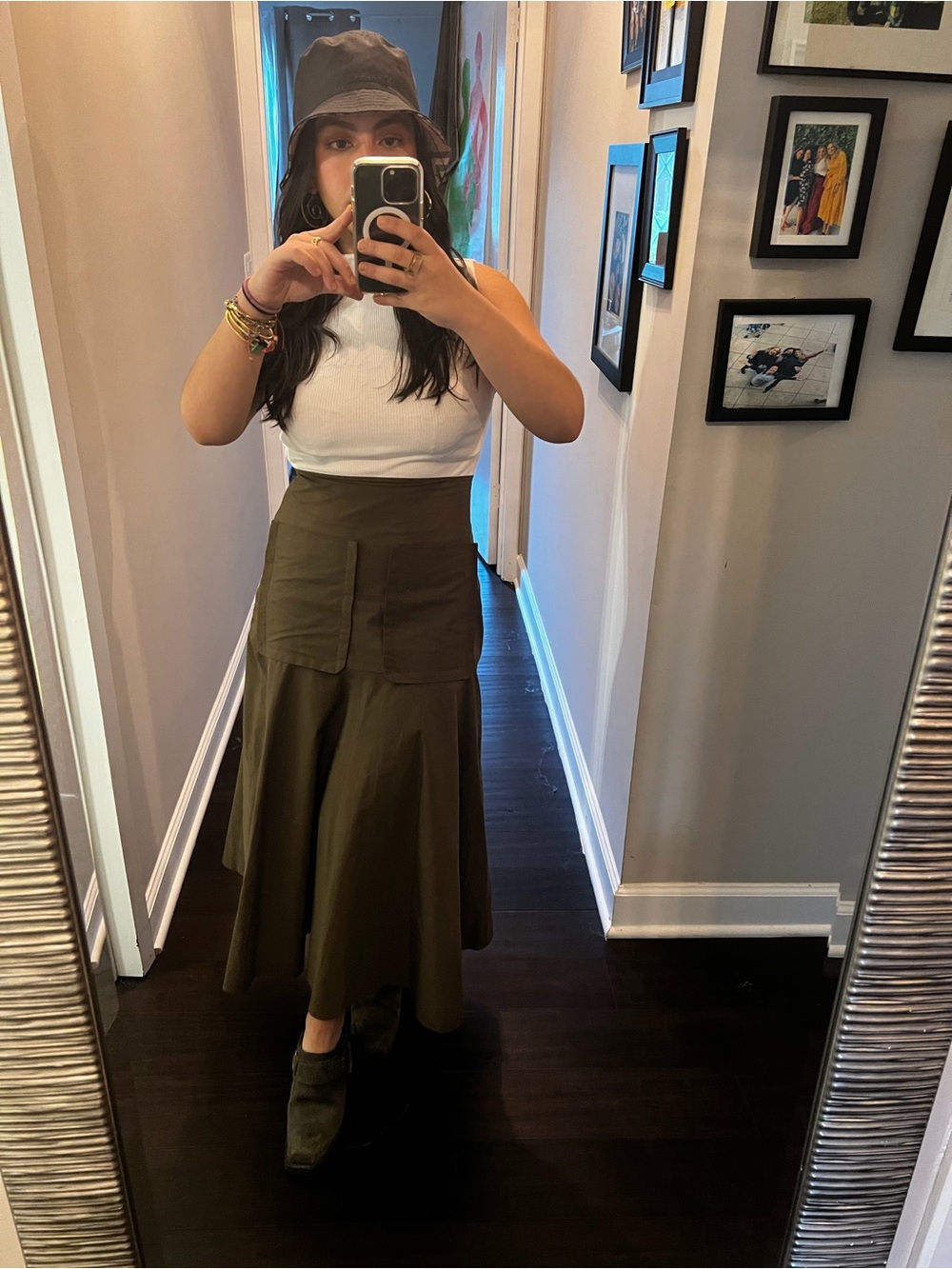 Zara Olive Green Midi Skirt with High Waist